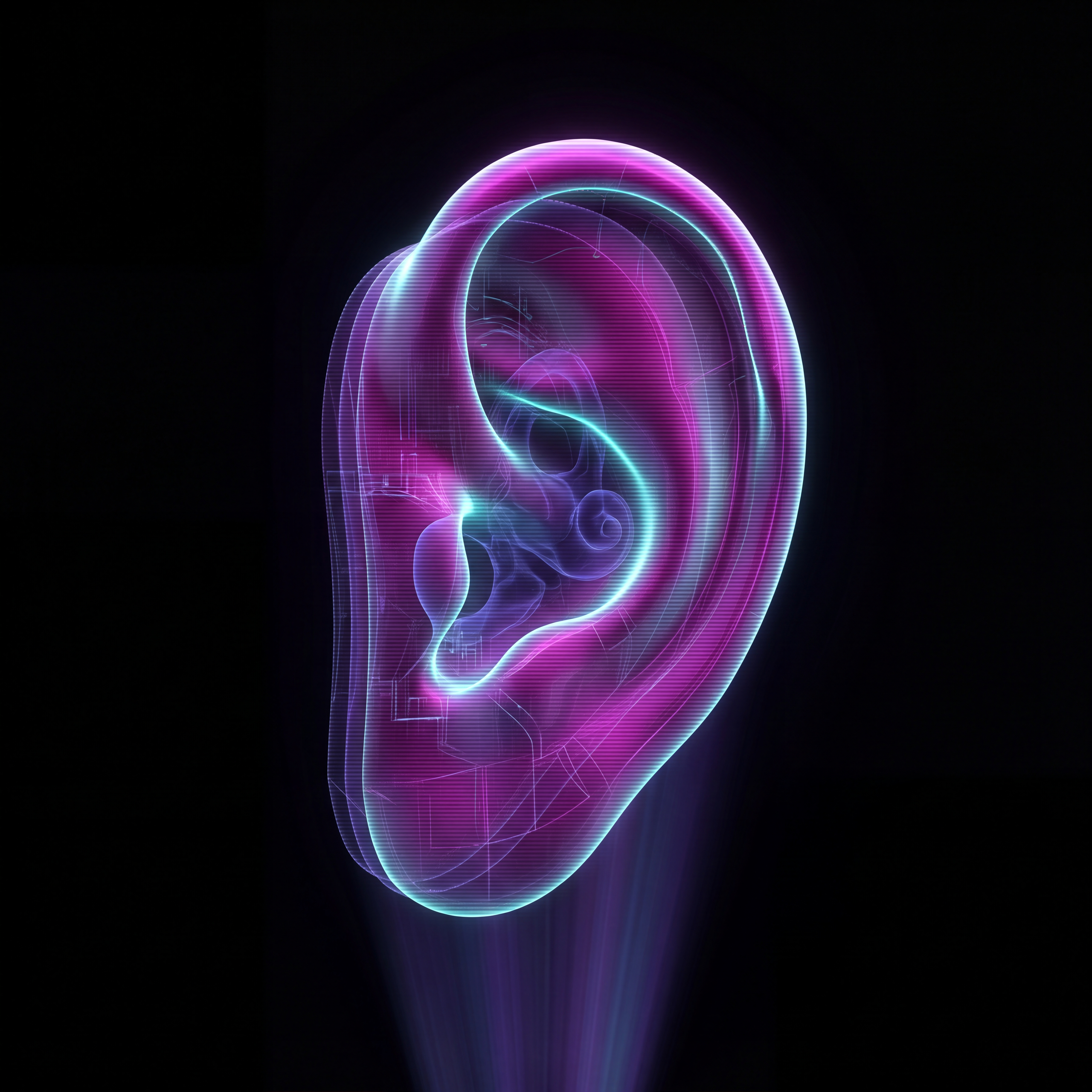 Holographic projection of a human ear representing the act of listening